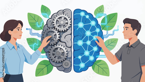 Two people interacting with a brain illustration