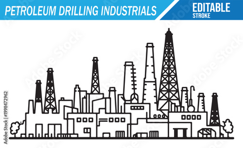 Petroleum Industry Line Art with Oil Rigs Refinery and Pipeline