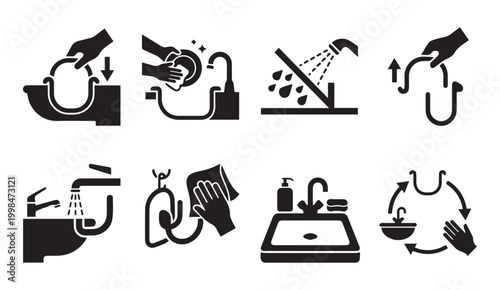 Kitchen sink and dishware cleaning procedure icon collection with cleaning