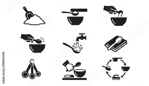 Kitchen measuring spoon and scoop icon set for baking ingredients with measuring