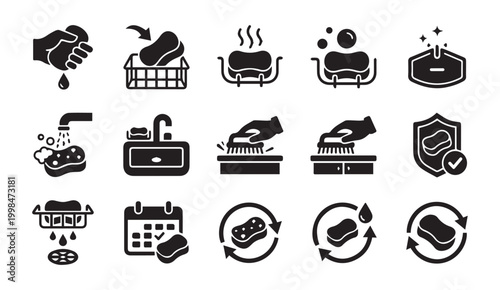 Sponge cleaning and housekeeping glyph icon set with cleaning, housekeeping