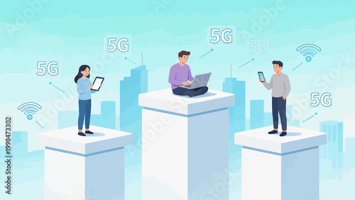 People using devices on pillars with 5G