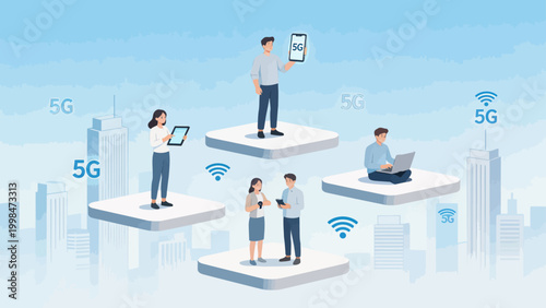 People using 5G technology in urban setting