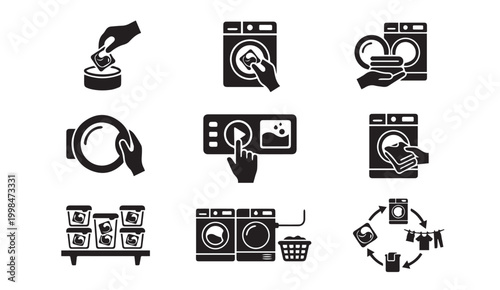 Laundry service and home cleaning icons set with detergent cleaning housework