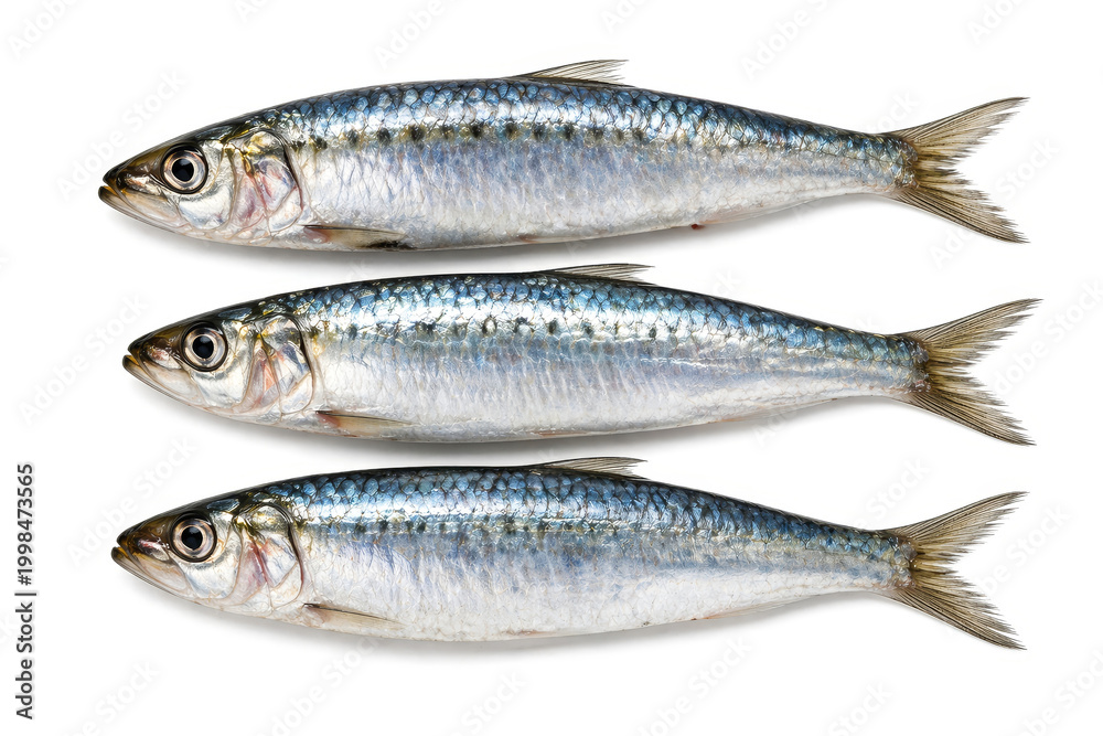 Fototapeta premium Sardines displayed on a white background, showcasing their natural color and texture.