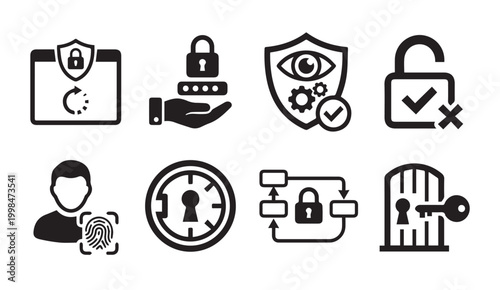 Set of digital security and access control icons with security, biometric