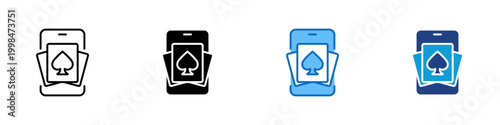 Mobile Card Game Multiple Style Icon Design Vector - Playing cards stack on phone representing card game, gambling activity, and entertainment leisure