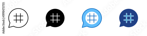 Hashtag Message Multiple Style Icon Design Vector - Chat bubble with hashtag representing social tagging, content categorization, and topic discovery