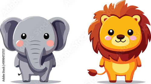 Print.Kawaii style African animals, lion, giraffe, zebra, elephant, hippo, rounded shapes, kids friendly vector art on white
