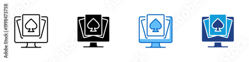 Online Card Game Multiple Style Icon Design Vector - Monitor with playing cards representing online gaming, digital card play, and virtual casino activity