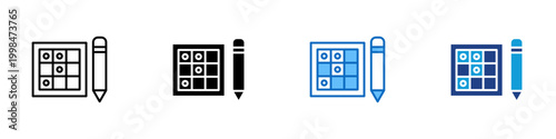 Puzzle Game Multiple Style Icon Design Vector - Grid puzzle with pencil representing logic game solving, brain training, and problem solving activity