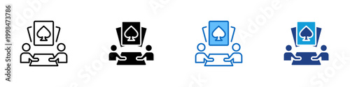 Card Game Table Multiple Style Icon Design Vector - Players with playing cards representing card game session, multiplayer gambling, and social gaming activity
