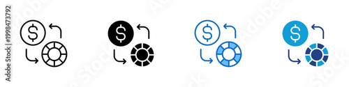 Chip Exchange Multiple Style Icon Design Vector - Dollar symbol with chip and arrows representing currency exchange, betting conversion, and casino transaction