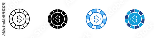 Casino Chip Multiple Style Icon Design Vector - Chip with dollar symbol representing gambling currency, betting token, and casino finance