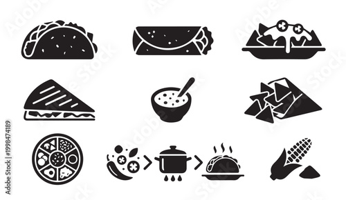 Set of nine mexican cuisine food and cooking icons with restaurant, traditional