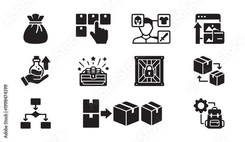 Set of warehouse and logistics management icons with logistics, warehouse