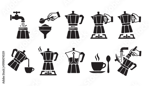 Coffee brewing process moka pot icon set with espresso beverage instructions