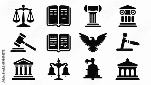 Vector illustration of law and justice icons including scales books gavel eagle and courthouse symbols on white background