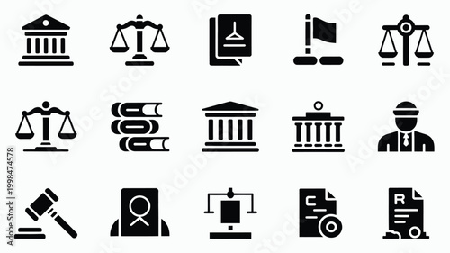 Vector icon bundle featuring 12 law and justice symbols including scales buildings and legal documents on white background