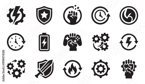 Power and action concept icon set with strength lightning controller rotation