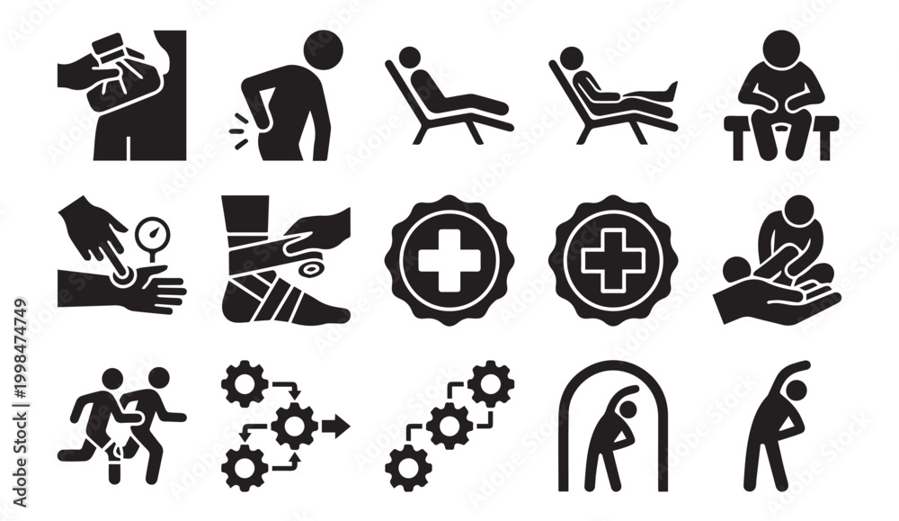 Obraz premium Medical rehabilitation and physical therapy glyph icons with rehabilitation