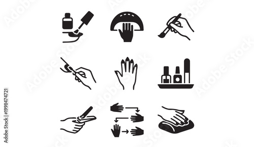 Nail care and manicure step by step glyph icons with manicure, treatment