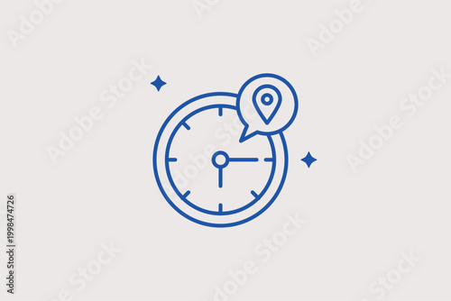 Clock with location pin line icon for time-zone tracking and scheduling arrivals at specific destinations. Precise vector illustration for international logistics platforms and travel itinerary manage
