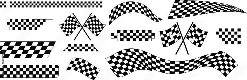 Fototapeta premium Collection of black and white racing checkered flags on transparent background