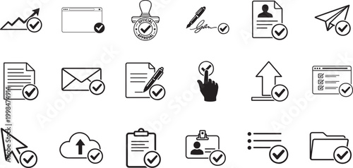 Apply icon set bold vector submit form check approval symbols for web UI and interface design.