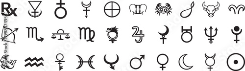 Astrology and alchemical flat line icon set with zodiac signs and planet symbols vector illustration.