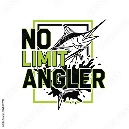 An impressive marlin fish leaping from water with splashes and inspiring text. design