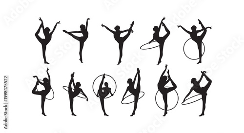 Set of gymnastic women performing rhythmic gymnastics with hoops vector silhouettes on isolated white background art.