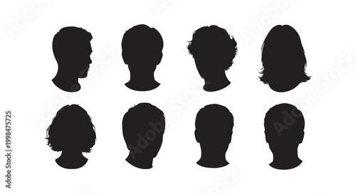 Set of human head silhouettes depicting diverse facial profiles and front views for identity or profile templates.