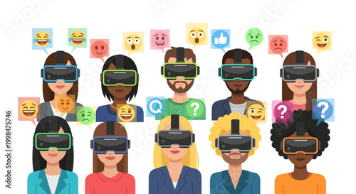 Diverse people wearing VR headsets with questions and emojis