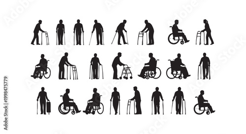 Set of human silhouettes depicting elderly people with mobility aids walkers canes and wheelchairs on a white background.