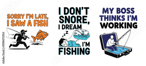 A man runs excitedly after a fish, humorously explaining his tardiness. design