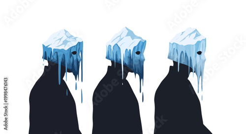 Three silhouetted people with melting icebergs on their heads