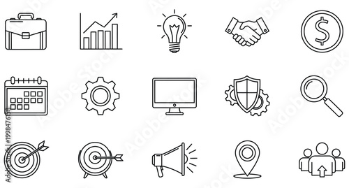 Business briefcase, graph, lightbulb, handshake, dollar, calendar, gear, monitor, shield