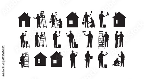 Set of professional construction workers painting houses with rollers and ladders showing daily maintenance tasks routine.