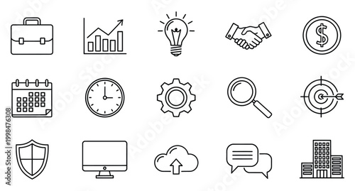 Collection of black outline business on white background, briefcase graph chart