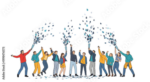 Diverse group of people celebrating with confetti in the air