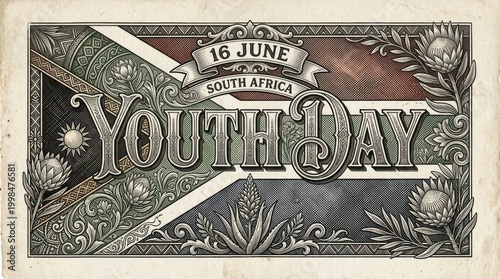 Ink engraving style “Youth Day” lettering, detailed linework and cross-hatching, South African flag interpreted through fine engraved patterns, monochrome base with subtle color accents, no figures