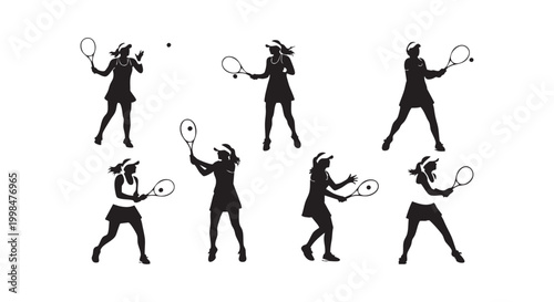 Set of tennis player female silhouettes holding rackets vector illustration isolated on white background for sport.