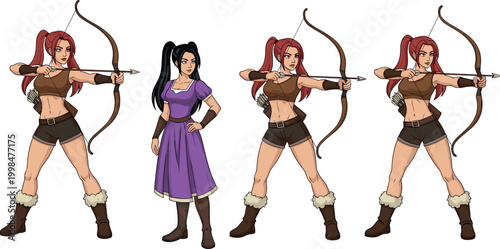 Fantasy Female Character Vector Set Featuring Redhead Archer in Action Pose with Bow and Arrow and Girl in Purple Dress and Boots