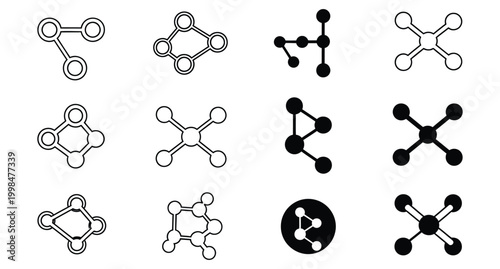 Network connection solid and outlined molecular structures nodes links