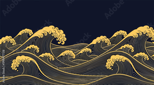 Traditional japanese wave pattern with golden lines on a dark blue background