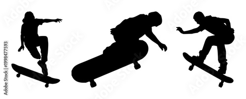 Skateboard set with black silhouette and white background design featuring skateboard, sport, graphic with illustration and vector