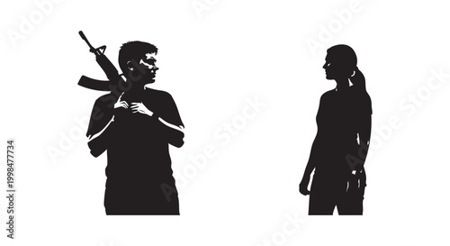 Silhouette illustration of armed person standing opposite to woman isolated on white background for conceptual art.