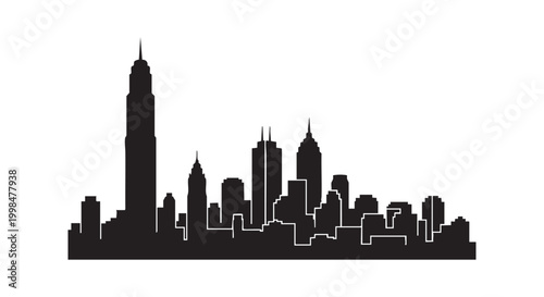 Silhouette illustration of modern downtown city buildings skyline featuring skyscrapers isolated on white background.