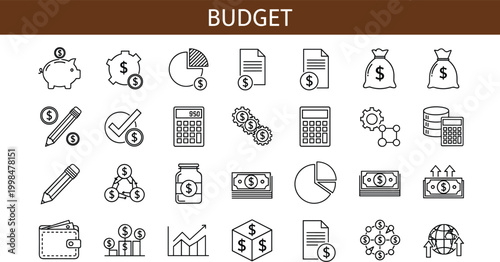 Budget and finance icon set featuring money management expenses savings accounting and financial planning vector collection